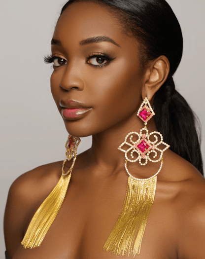 Extra Long Luxury Pink Elegant Rhinestones Diamante Statement Earrings - Fatisha Boutique