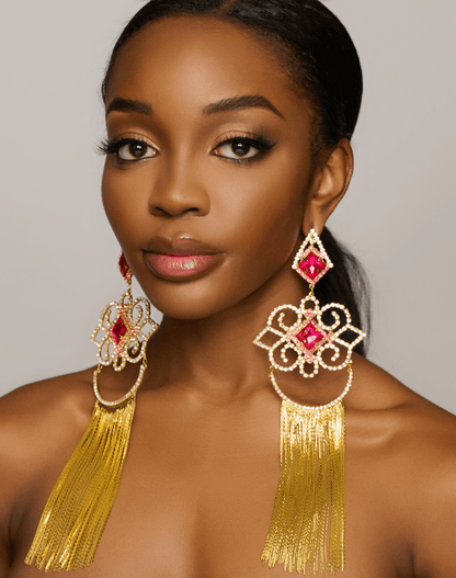 Extra Long Luxury Pink Elegant Rhinestones Diamante Statement Earrings - Fatisha Boutique