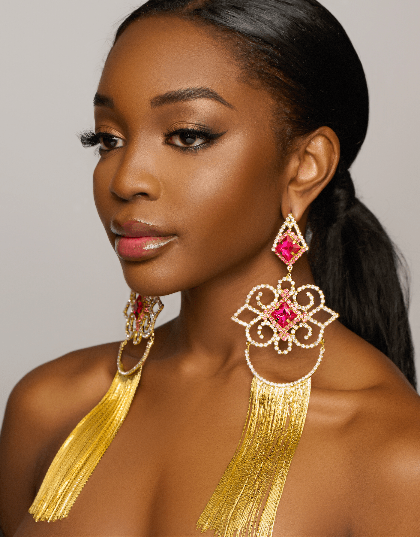 Extra Long Luxury Pink Elegant Rhinestones Diamante Statement Earrings - Fatisha Boutique