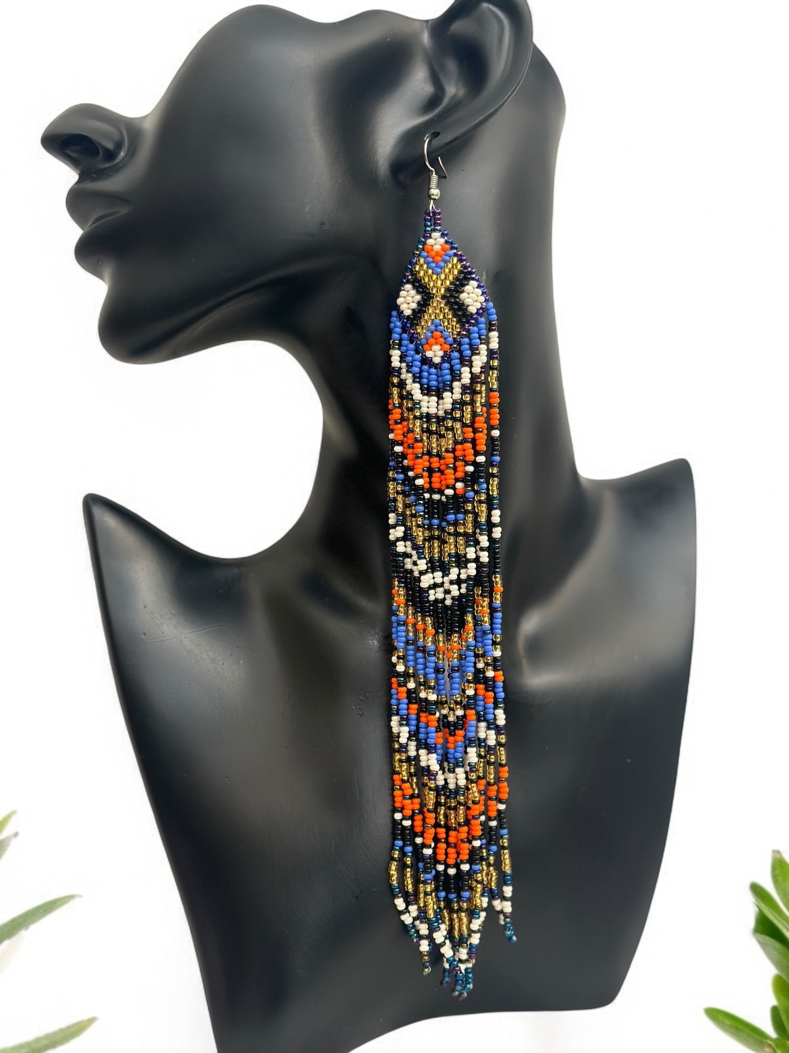 Extra Long Multicolored Beaded Authentic African Ethnic Statement Earrings - Fatisha Boutique