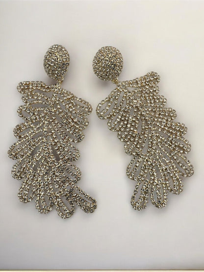 Glamorous Large Elegant Statement Diamante Rhinestone Leaf Stud Earrings - Fatisha Boutique