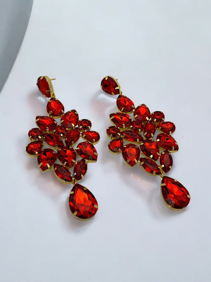 Glamorous Red Rhinestone Crystal Teardrop Statement Earrings - Fatisha Boutique