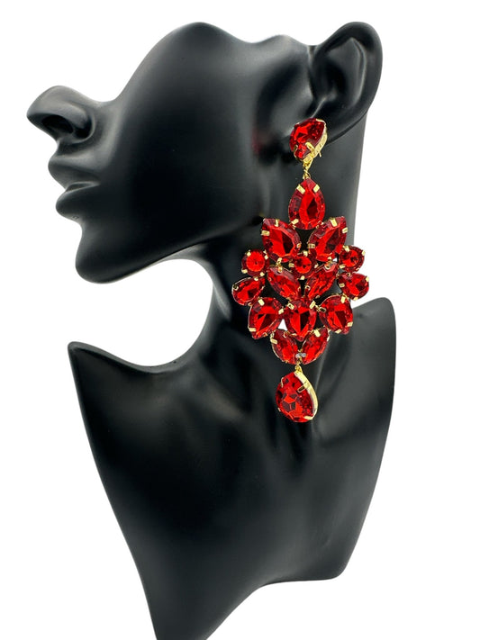Glamorous Red Rhinestone Crystal Teardrop Statement Earrings - Fatisha Boutique
