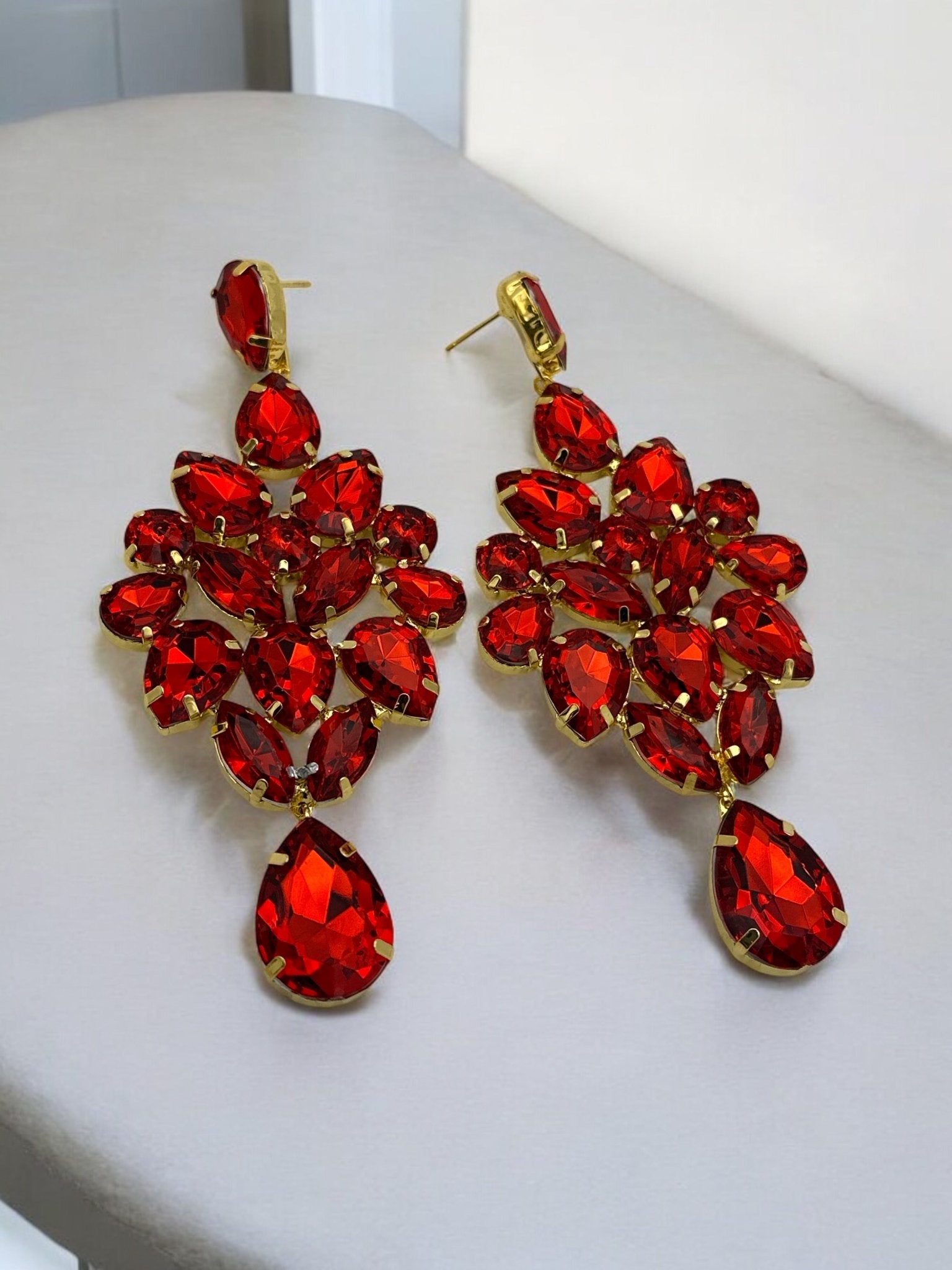 Glamorous Red Rhinestone Crystal Teardrop Statement Earrings - Fatisha Boutique