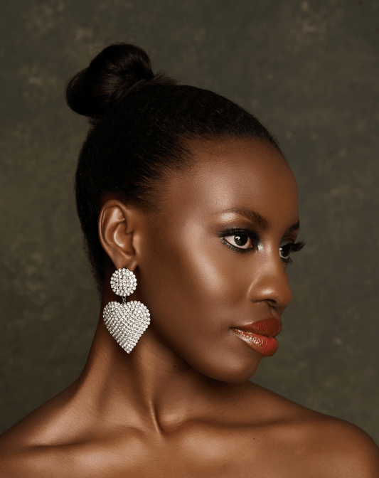 Glamorous Silver Statement Diamante Heart Shaped Rhinestone Earrings - Fatisha Boutique