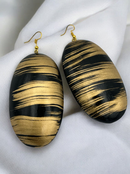 Gold and Black Pattern Handcrafted Oval Wooden Dangle Statement Earrings - Fatisha Boutique