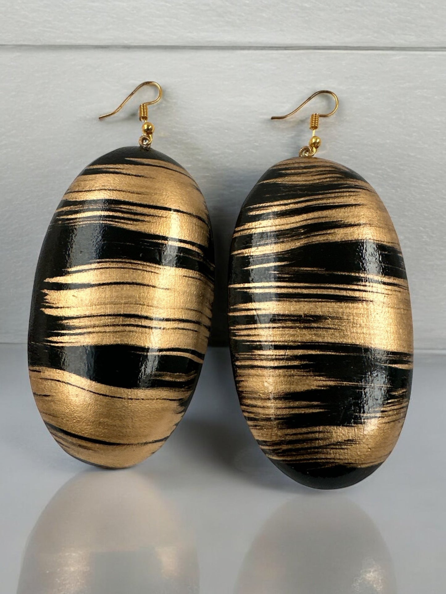 Gold and Black Pattern Handcrafted Oval Wooden Dangle Statement Earrings - Fatisha Boutique