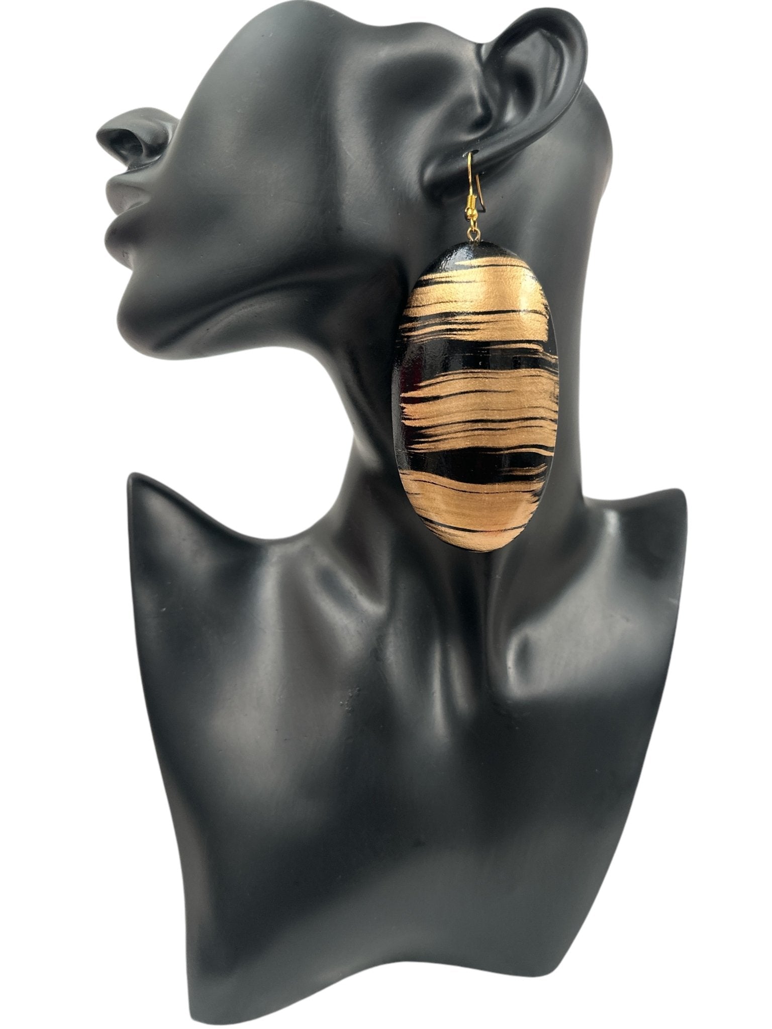 Gold and Black Pattern Handcrafted Oval Wooden Dangle Statement Earrings - Fatisha Boutique