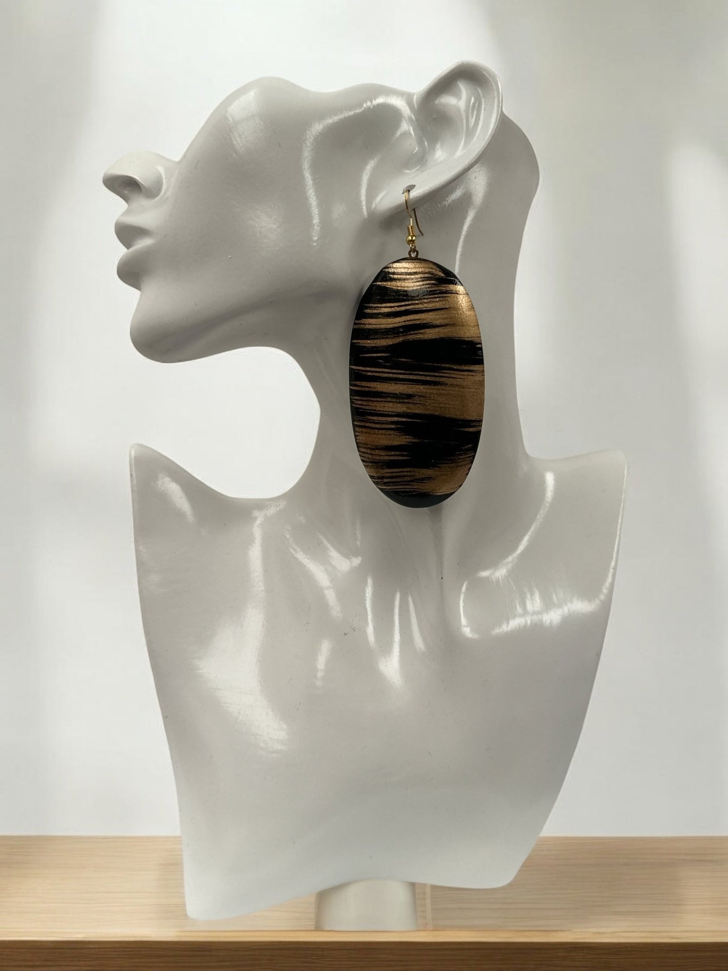 Gold and Black Pattern Handcrafted Oval Wooden Dangle Statement Earrings - Fatisha Boutique