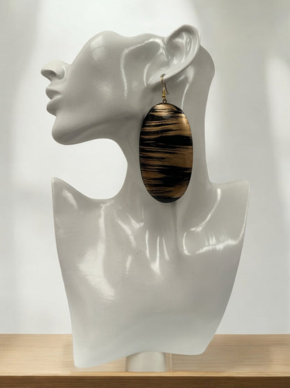 Gold and Black Pattern Handcrafted Oval Wooden Dangle Statement Earrings - Fatisha Boutique
