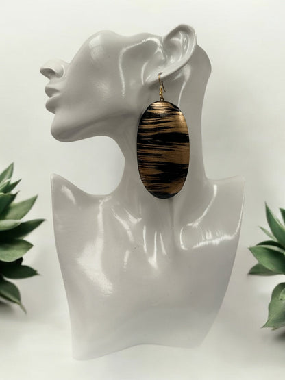 Gold and Black Pattern Handcrafted Oval Wooden Dangle Statement Earrings - Fatisha Boutique