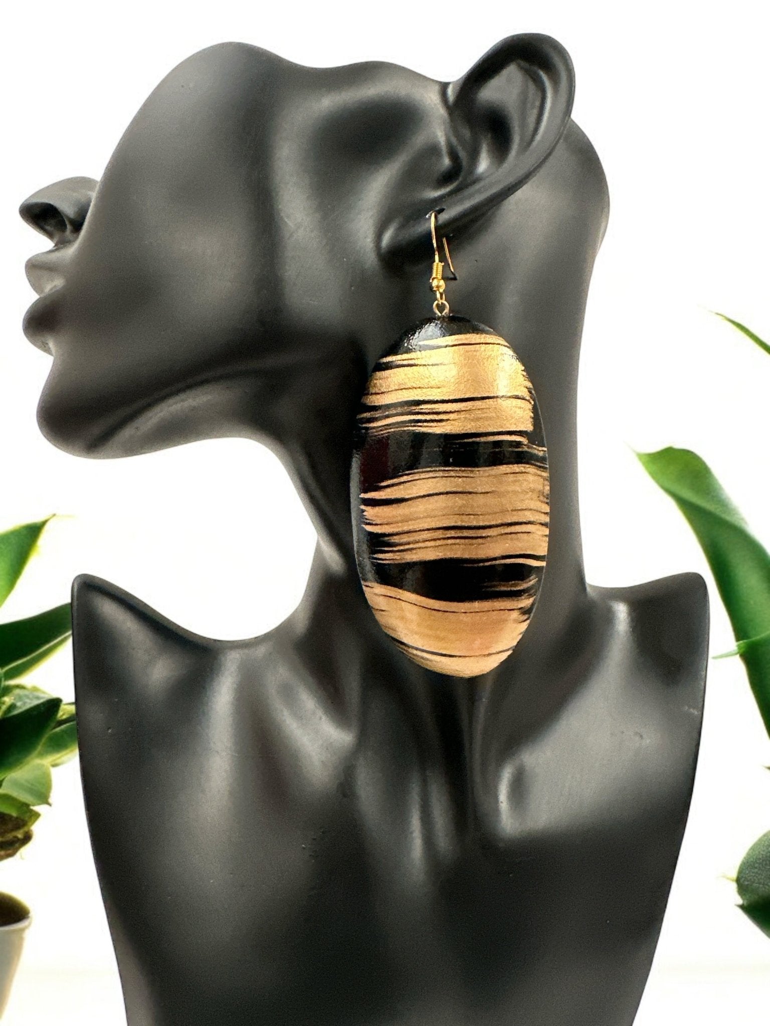 Gold and Black Pattern Handcrafted Oval Wooden Dangle Statement Earrings - Fatisha Boutique