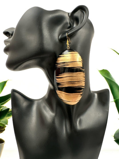 Gold and Black Pattern Handcrafted Oval Wooden Dangle Statement Earrings - Fatisha Boutique