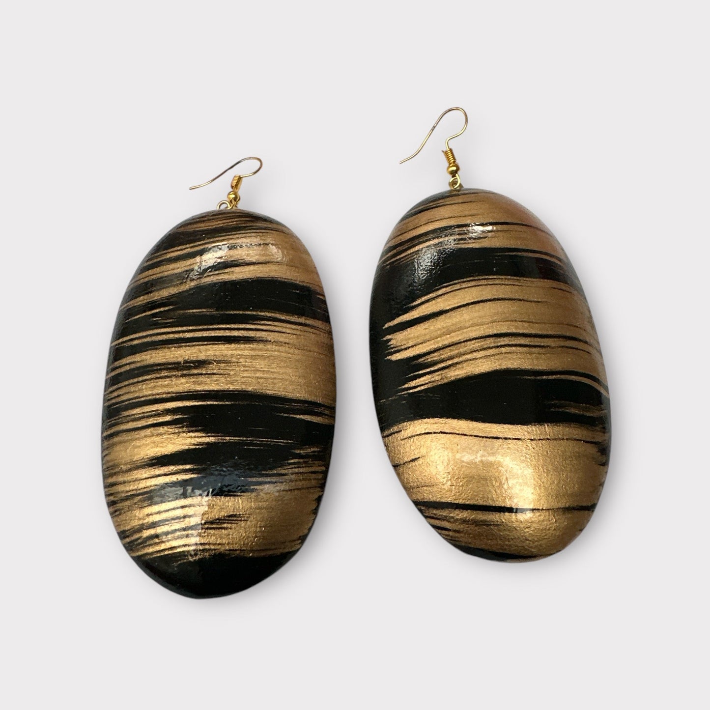 Gold and Black Pattern Handcrafted Oval Wooden Dangle Statement Earrings - Fatisha Boutique