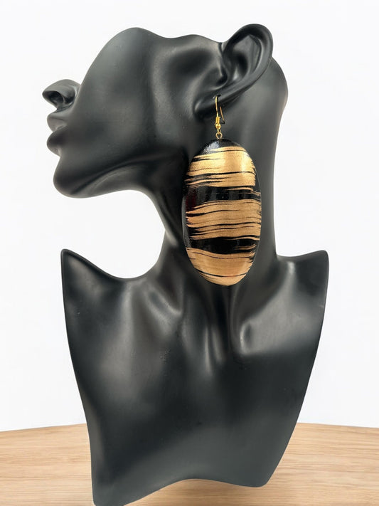 Gold and Black Pattern Handcrafted Oval Wooden Dangle Statement Earrings - Fatisha Boutique
