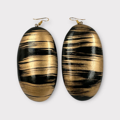Gold and Black Pattern Handcrafted Oval Wooden Dangle Statement Earrings - Fatisha Boutique