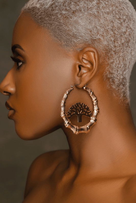 Gold Colour 7CM Chunky Tree Designed Bamboo Hoop Earrings11 - Fatisha Boutique