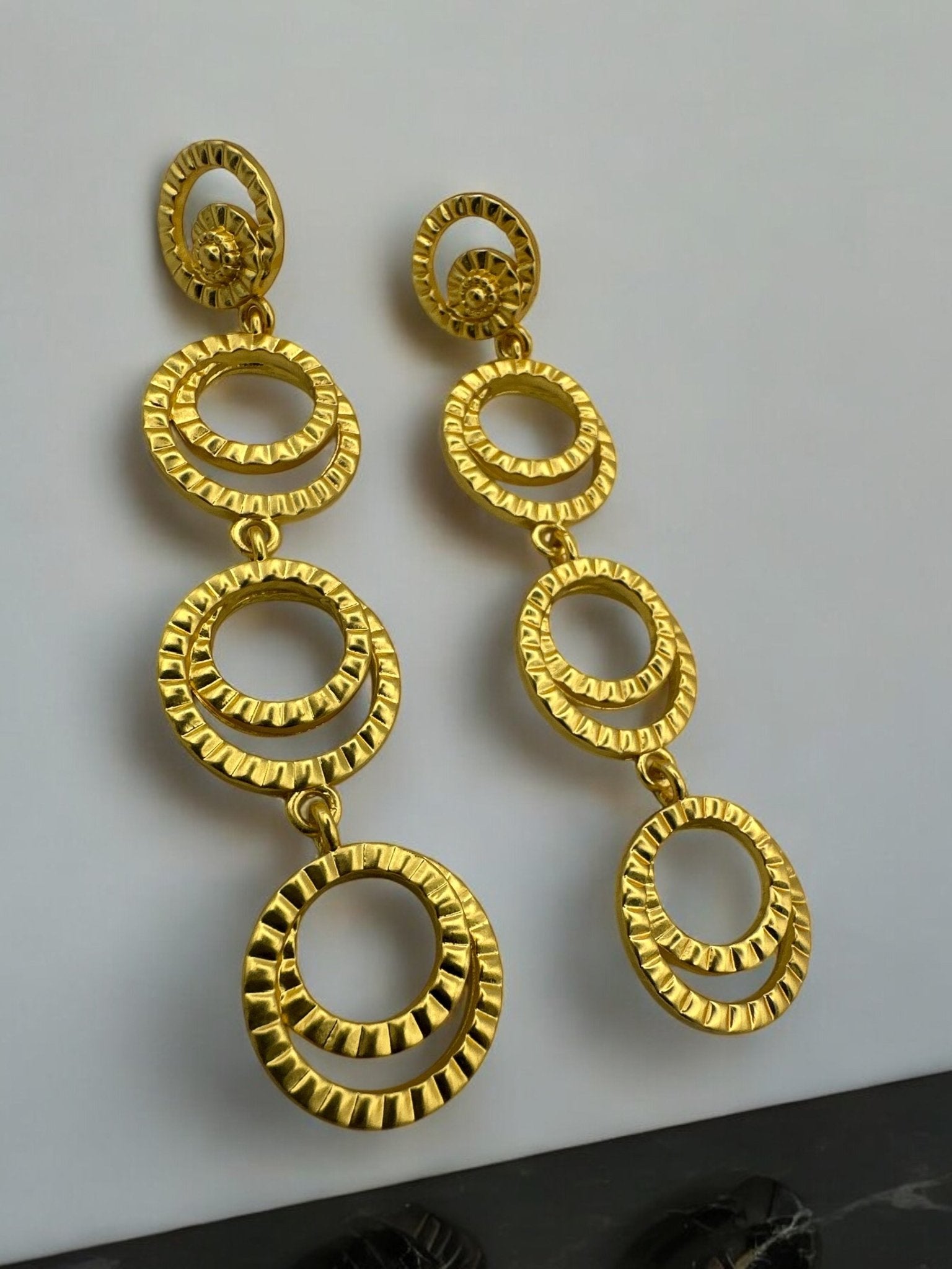 Gold Multi - Hoop Drop Earrings - Textured Tiered Statement Earrings - Fatisha Boutique