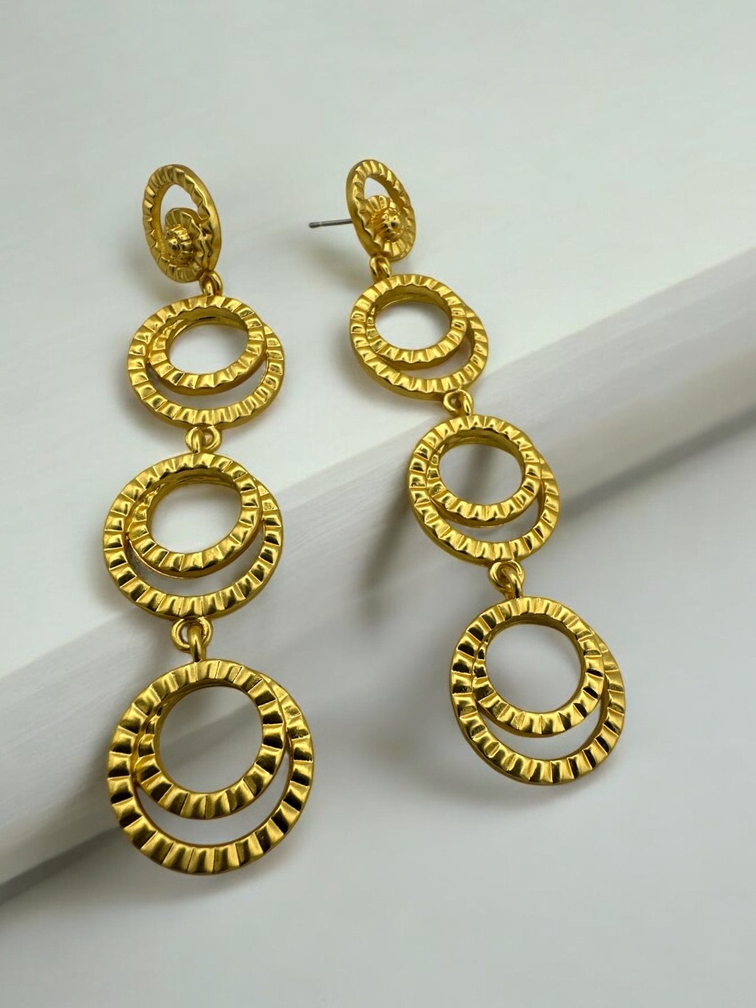 Gold Multi - Hoop Drop Earrings - Textured Tiered Statement Earrings - Fatisha Boutique
