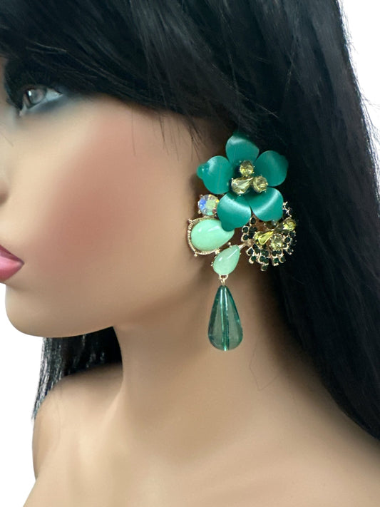 Green Floral Statement Crystal Drop Earrings - Fatisha Boutique