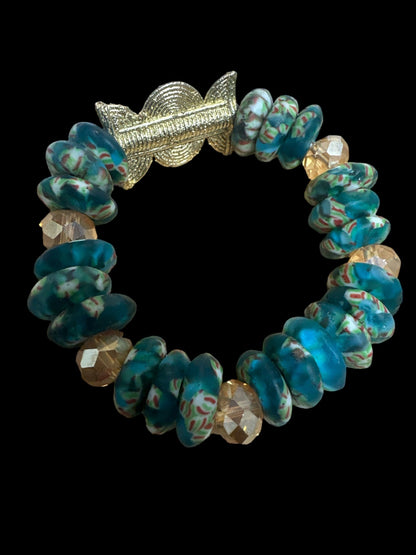 Green Krobo Beads Brass Ethnic Bracelet - Fatisha Boutique