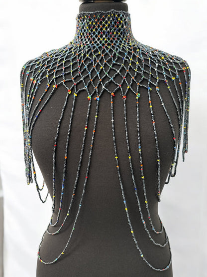 Grey Authentic Maasai Zulu Ethnic Beaded Collar Shoulder Body Jewellery - Fatisha Boutique