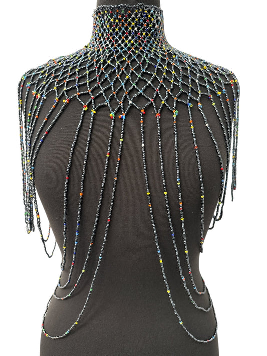 Grey Authentic Maasai Zulu Ethnic Beaded Collar Shoulder Body Jewellery - Fatisha Boutique