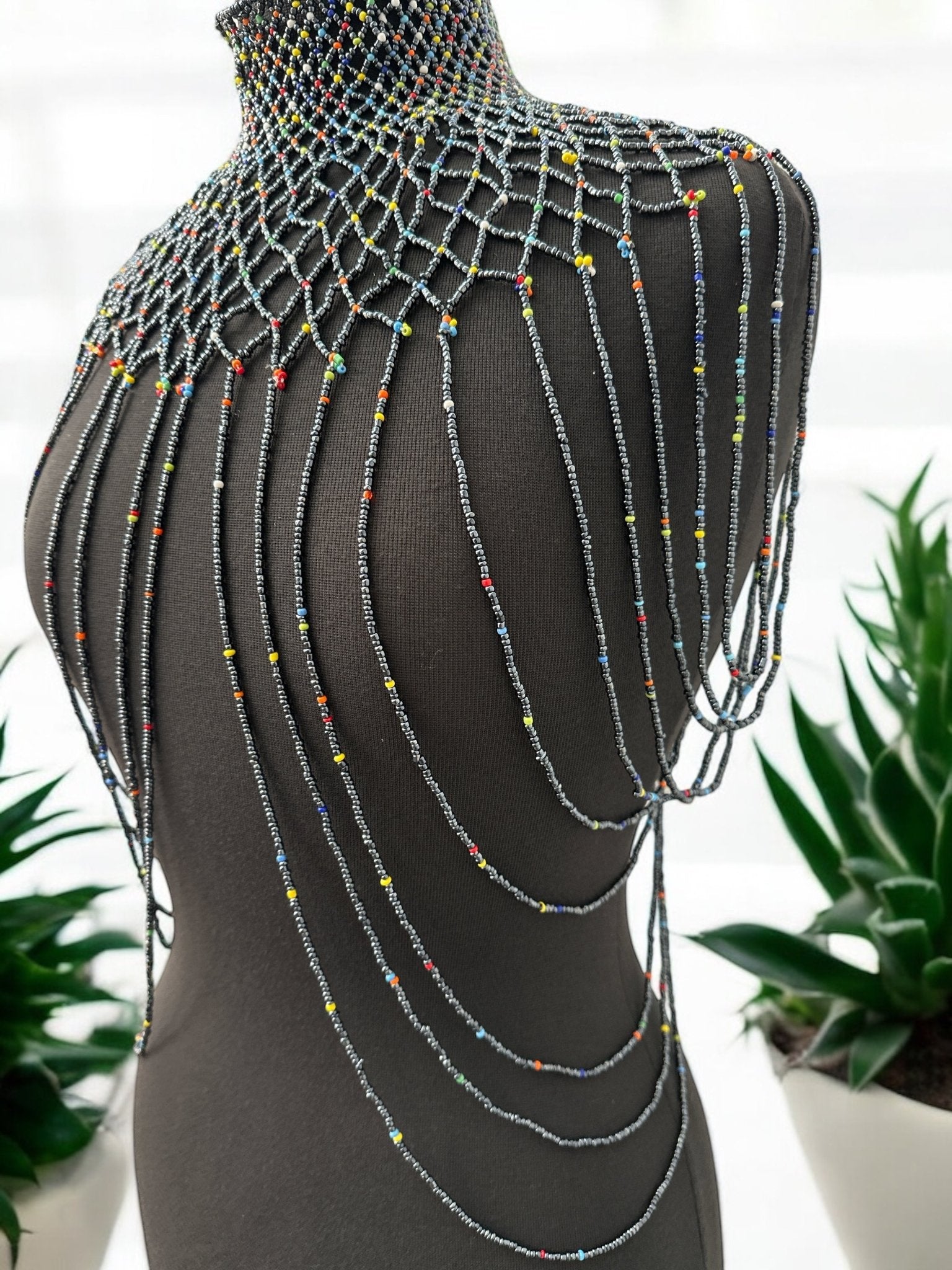 Grey Authentic Maasai Zulu Ethnic Beaded Collar Shoulder Body Jewellery - Fatisha Boutique