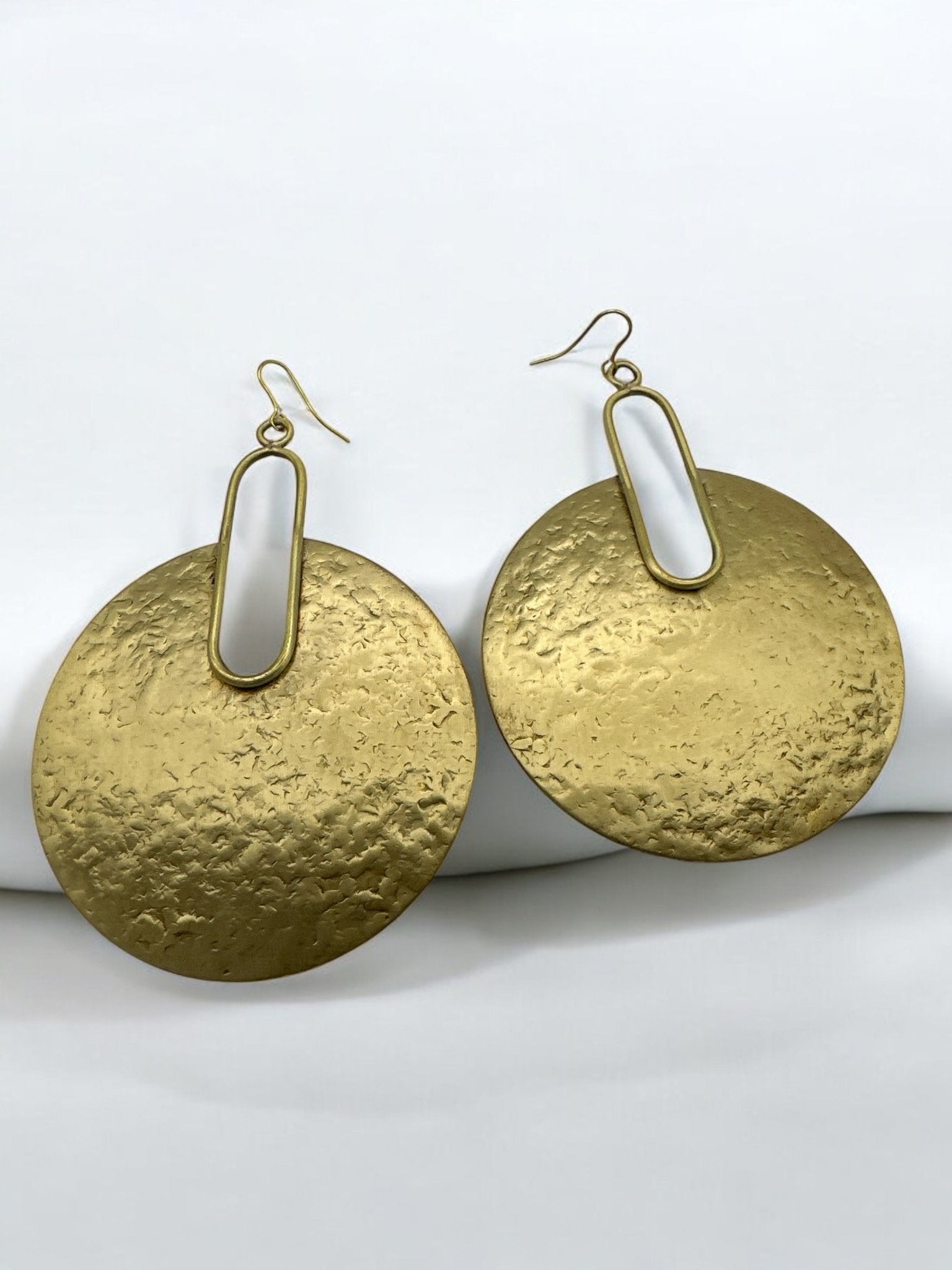 Hammered Brass Disc Bold Statement Dangle Earrings - Fatisha Boutique