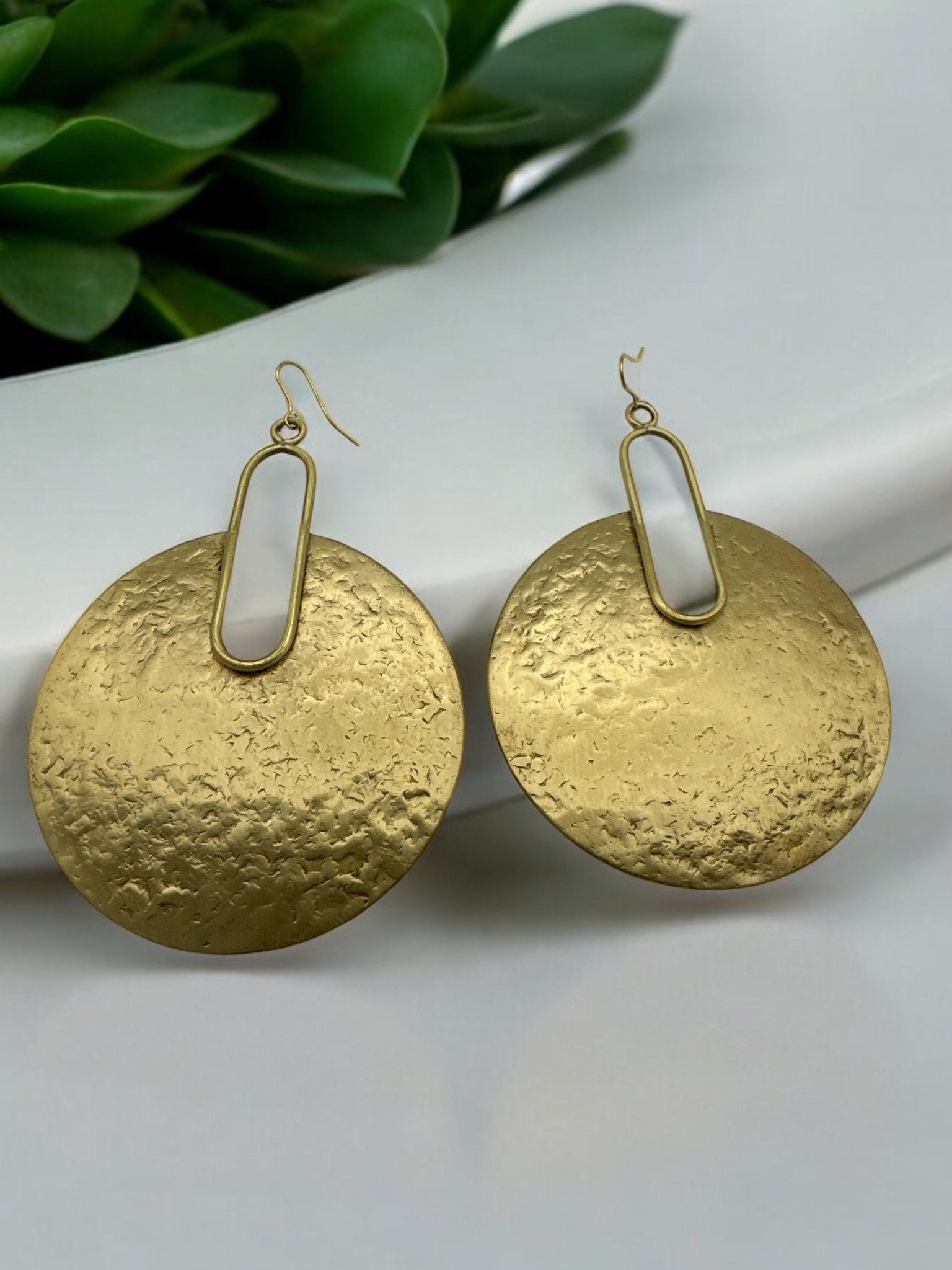 Hammered Brass Disc Bold Statement Dangle Earrings - Fatisha Boutique