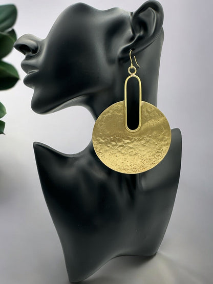 Hammered Brass Disc Bold Statement Dangle Earrings - Fatisha Boutique