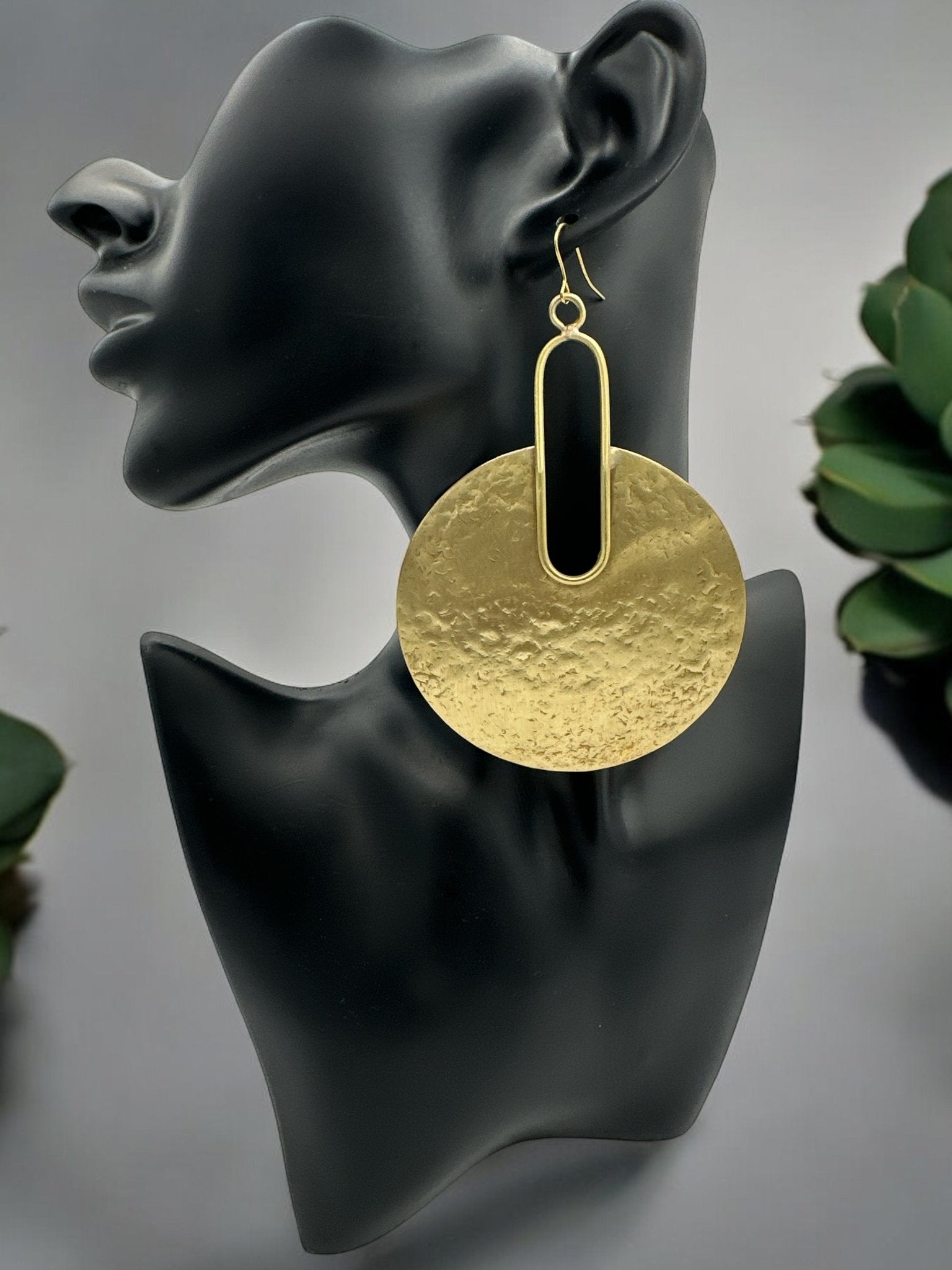 Hammered Brass Disc Bold Statement Dangle Earrings - Fatisha Boutique