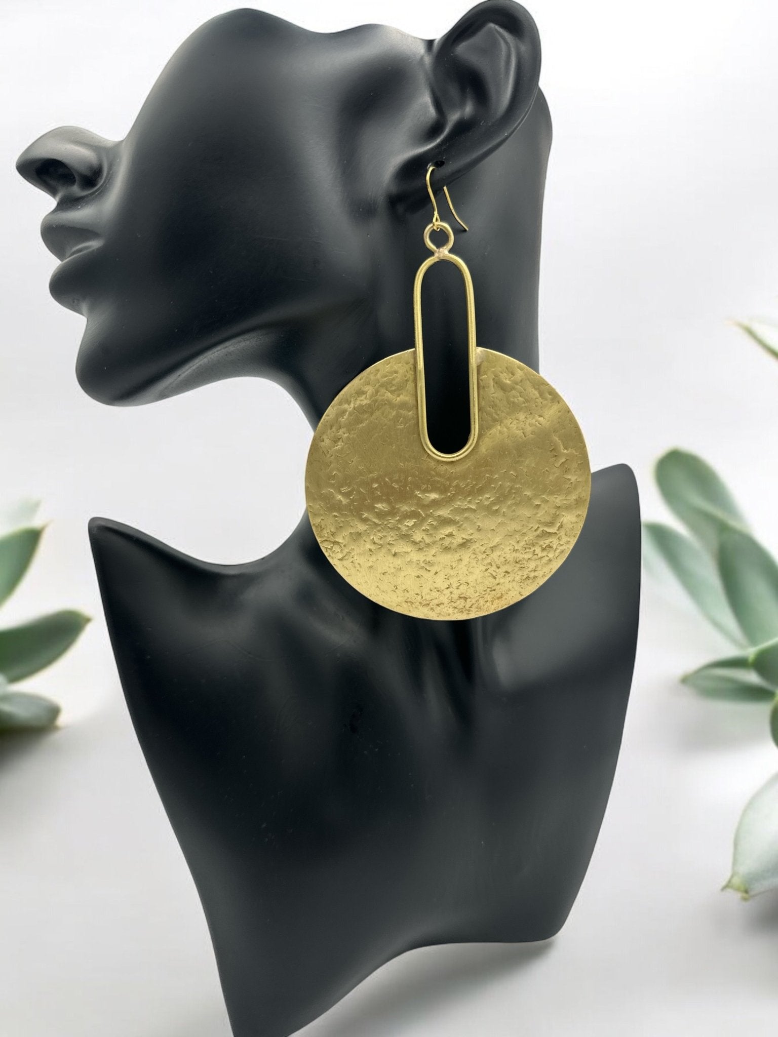 Hammered Brass Disc Bold Statement Dangle Earrings - Fatisha Boutique