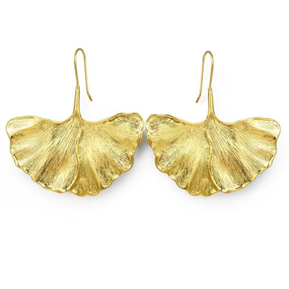Hammered Ginkgo Leaf Drop Earrings – Gold Alloy Statement Jewellery - Fatisha Boutique
