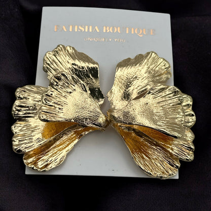 Hammered Gold Petal Flower Earrings – Alloy Metal Stud Drop Earrings for Elegant Statement Style - Fatisha Boutique