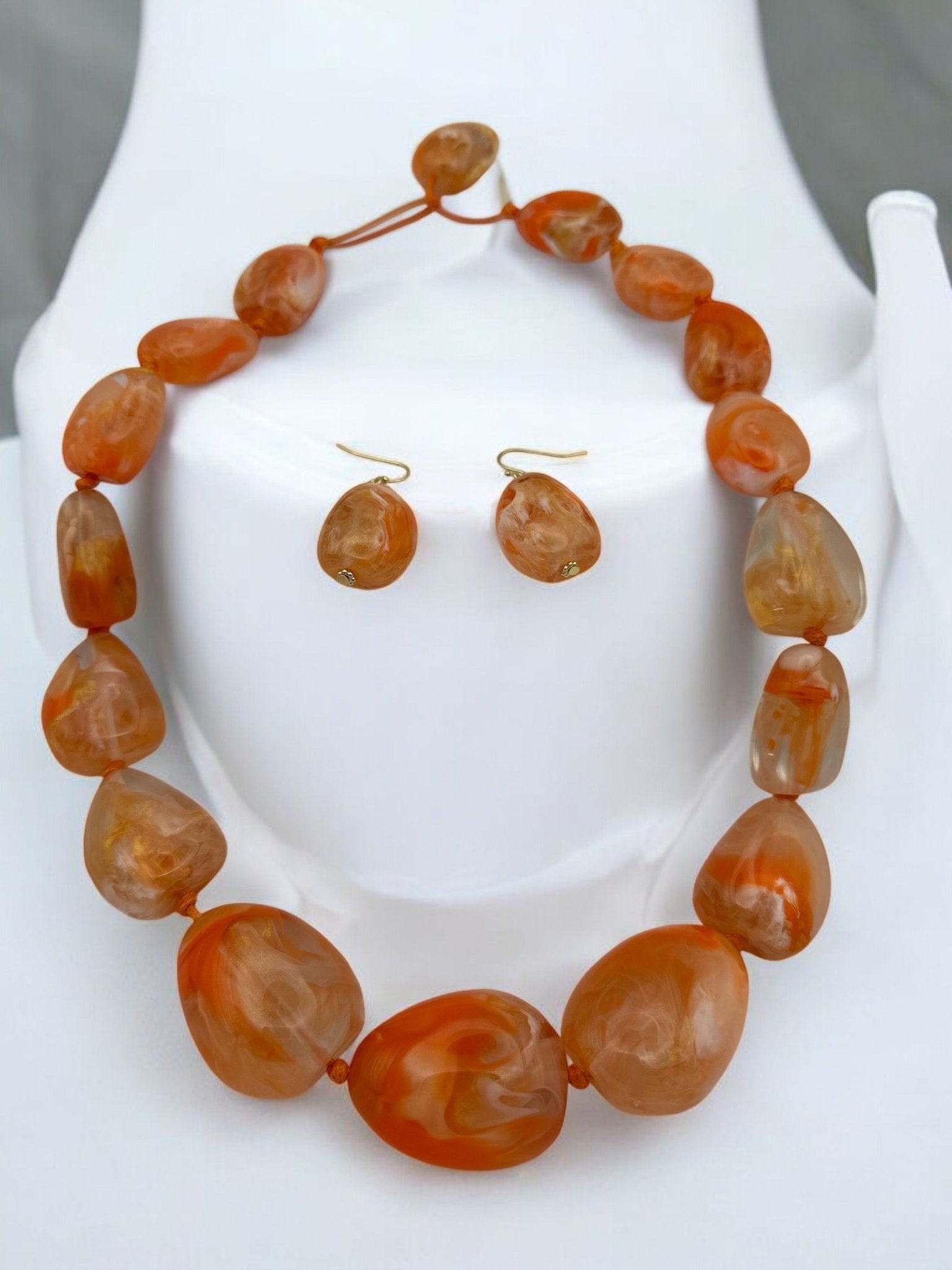 Handcrafted Boho Resin Bead Jewelry Set – Bold Orange Necklace and Earrings - Fatisha Boutique