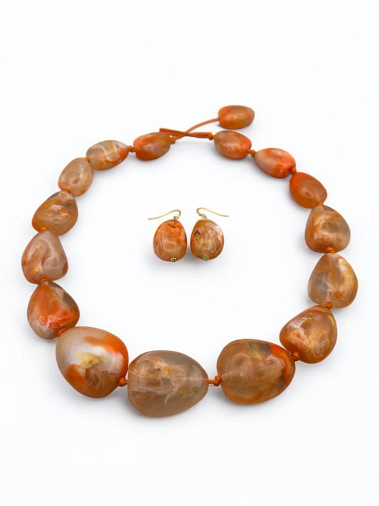 Handcrafted Boho Resin Bead Jewelry Set – Bold Orange Necklace and Earrings - Fatisha Boutique