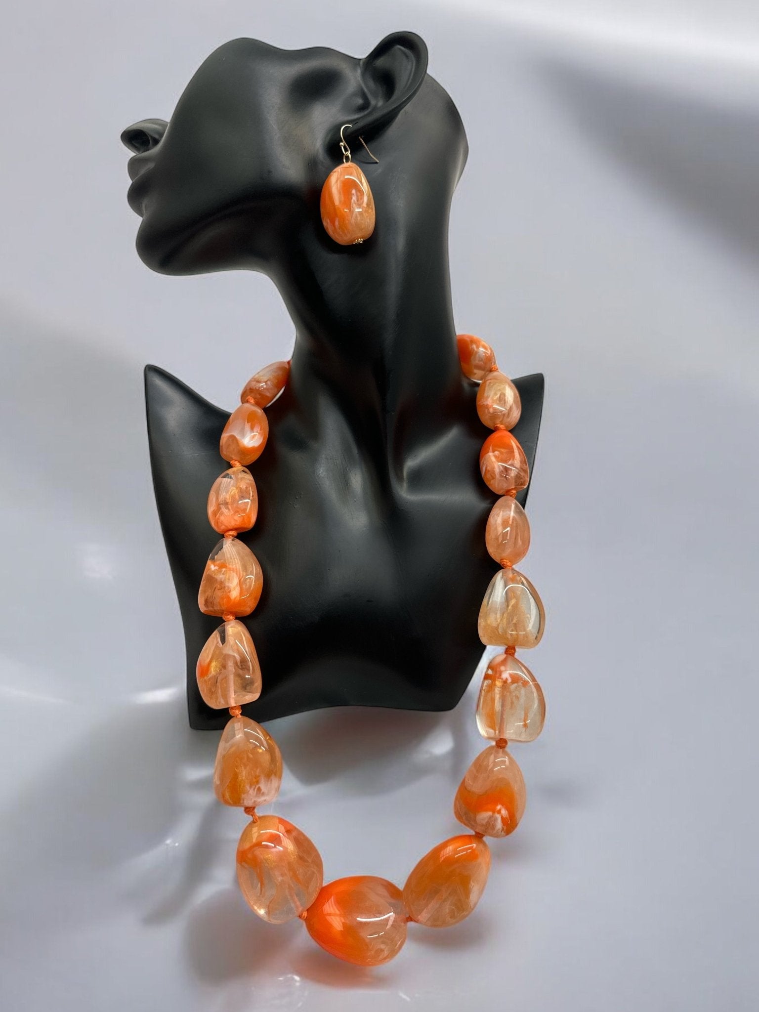 Handcrafted Boho Resin Bead Jewelry Set – Bold Orange Necklace and Earrings - Fatisha Boutique