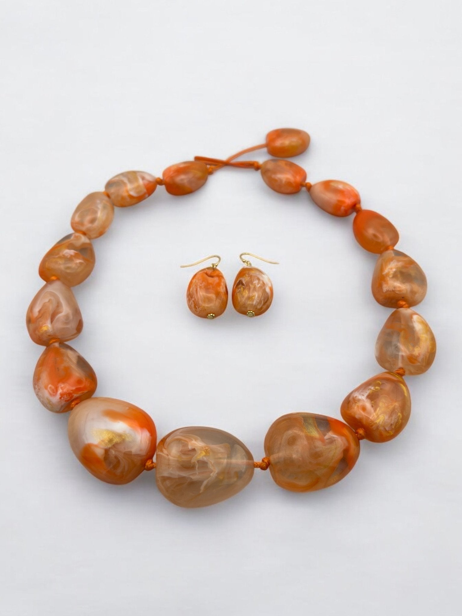 Handcrafted Boho Resin Bead Jewelry Set – Bold Orange Necklace and Earrings - Fatisha Boutique