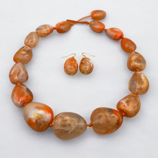 Handcrafted Boho Resin Bead Jewelry Set – Bold Orange Necklace and Earrings - Fatisha Boutique