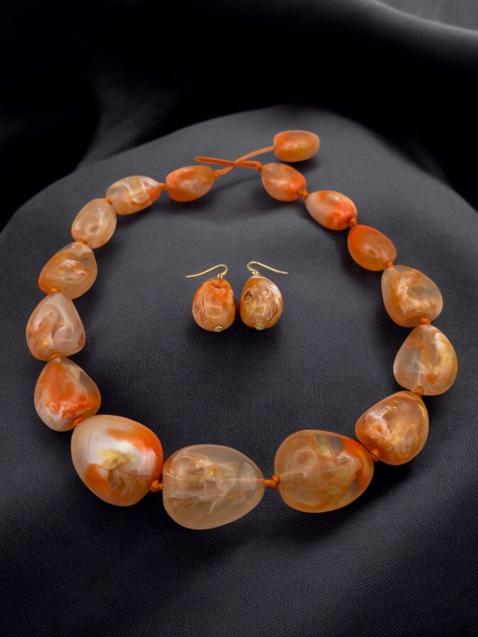 Handcrafted Boho Resin Bead Jewelry Set – Bold Orange Necklace and Earrings - Fatisha Boutique