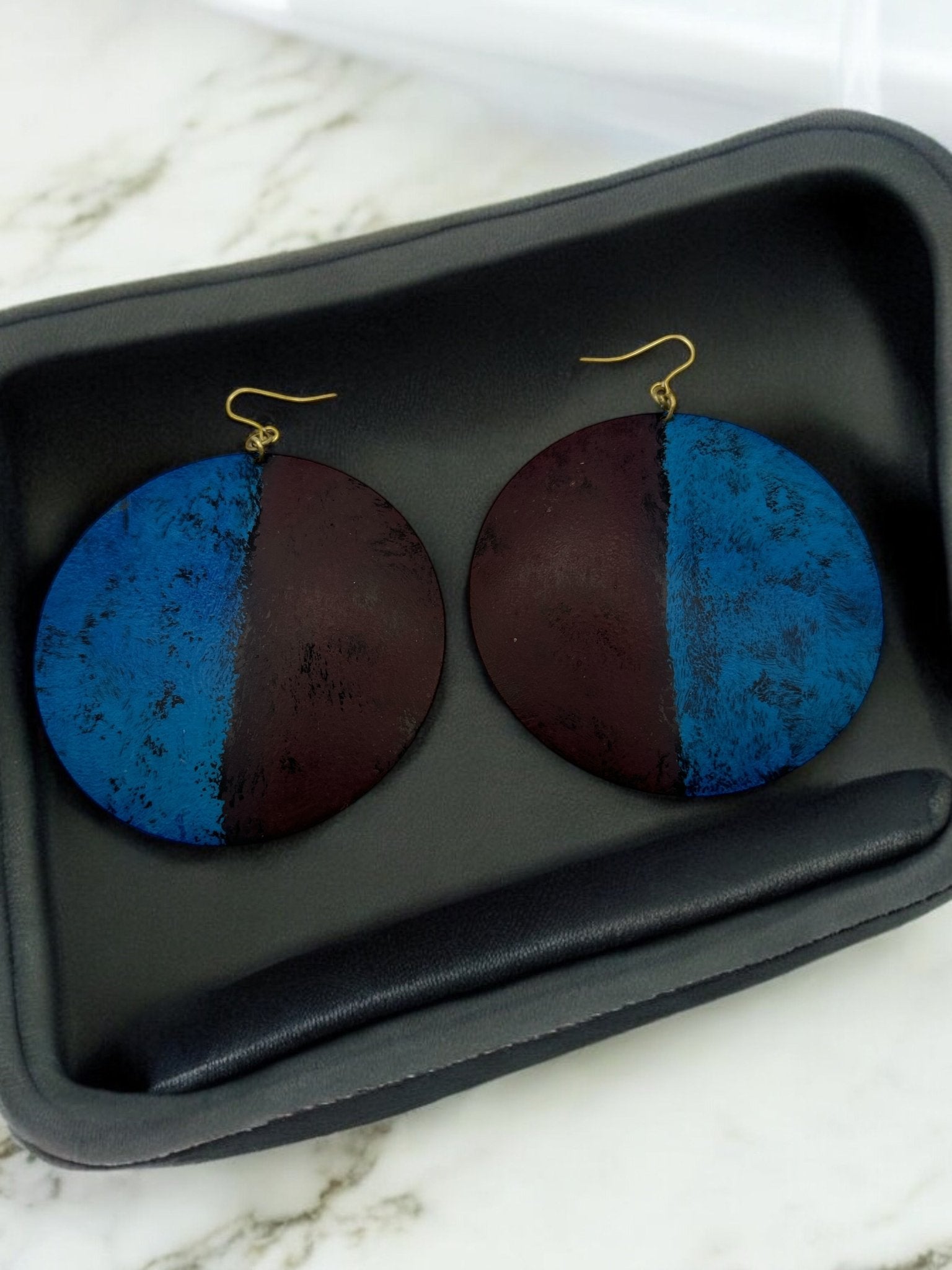 Handcrafted Bold Blue and Burgundy Round Brass Dangle Earrings - Fatisha Boutique