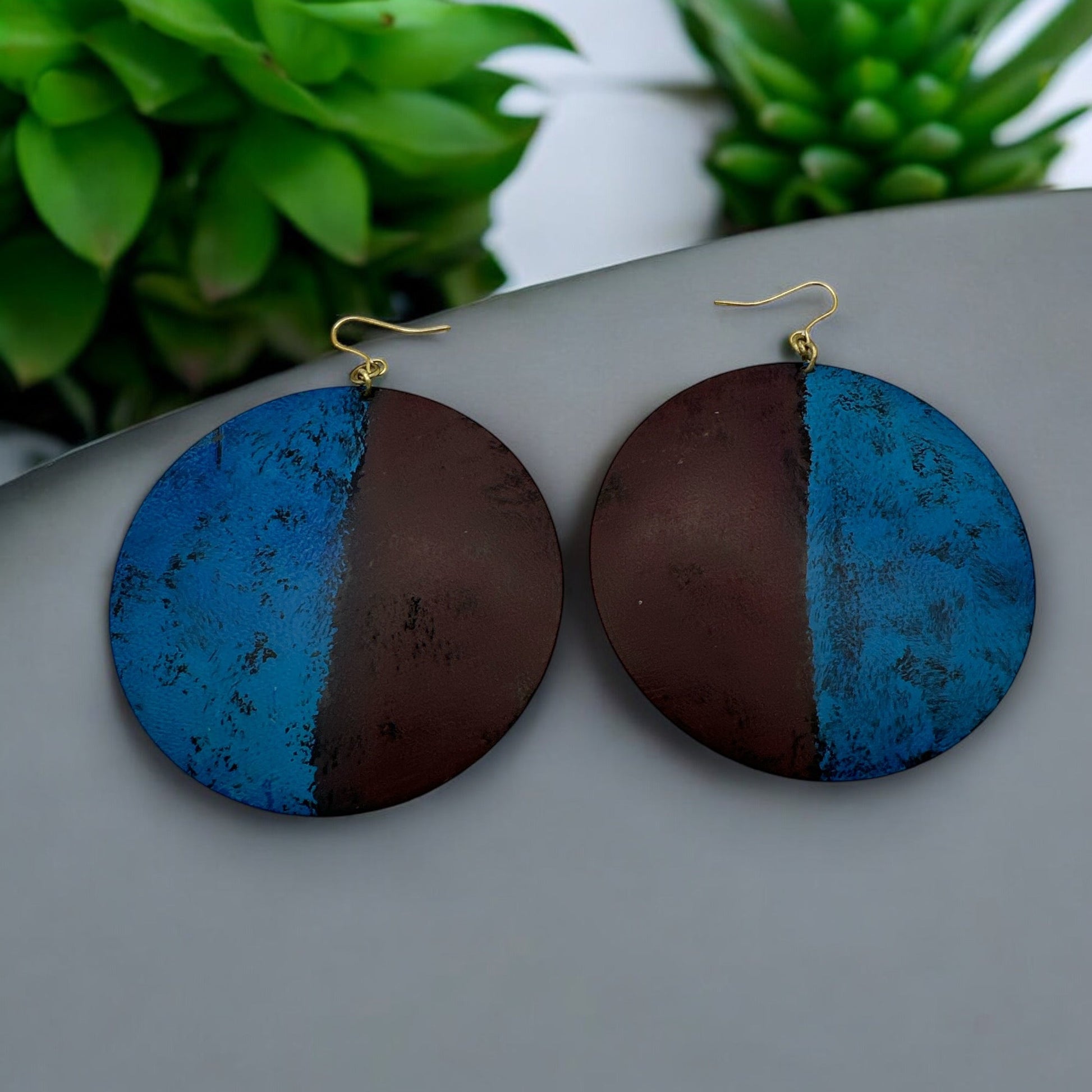 Handcrafted Bold Blue and Burgundy Round Brass Dangle Earrings - Fatisha Boutique