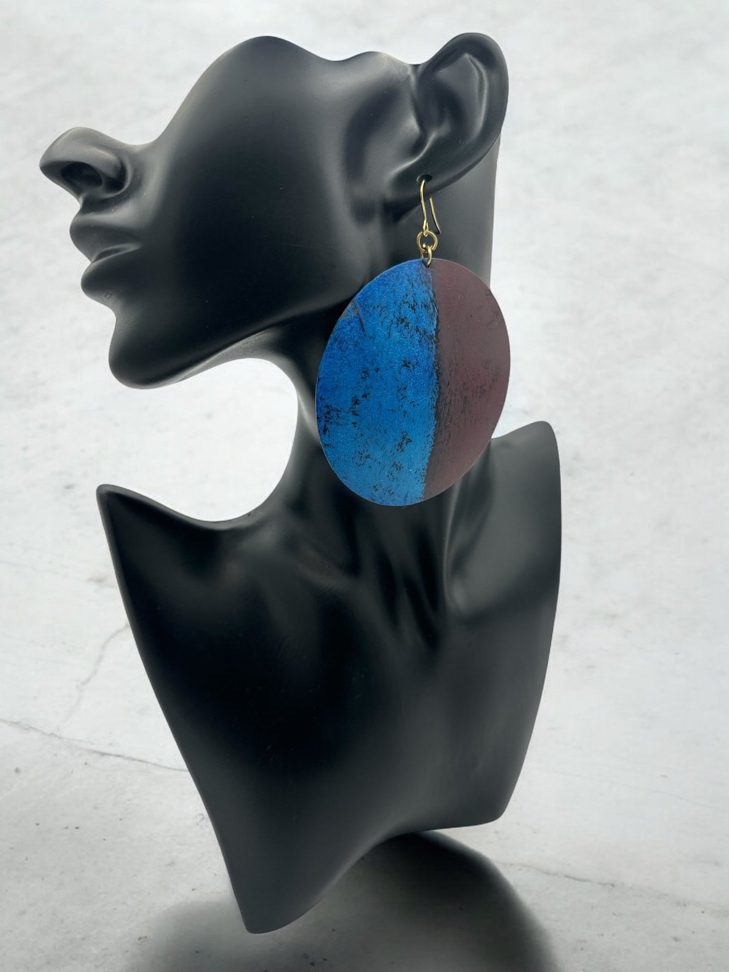 Handcrafted Bold Blue and Burgundy Round Brass Dangle Earrings - Fatisha Boutique