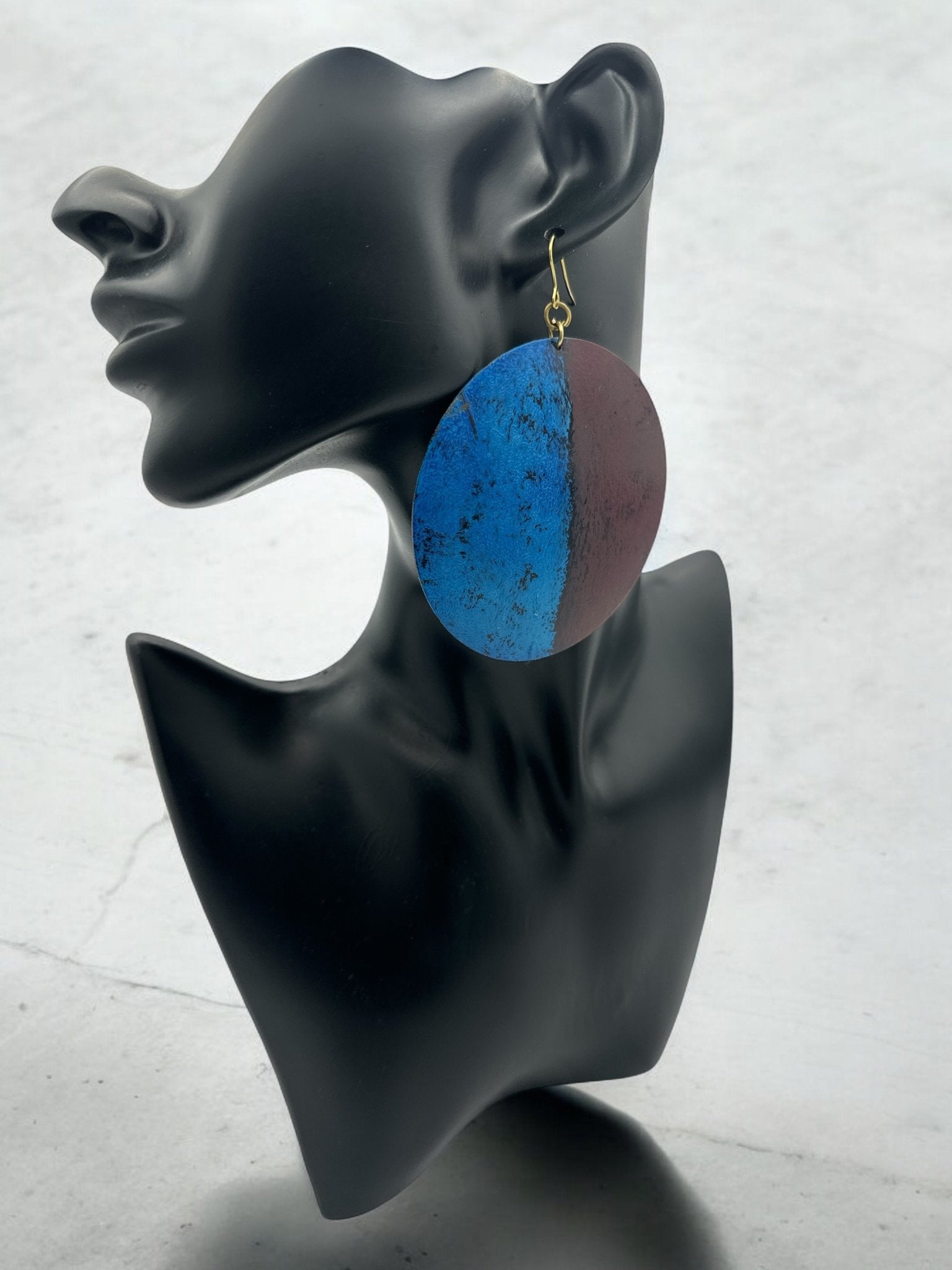 Handcrafted Bold Blue and Burgundy Round Brass Dangle Earrings - Fatisha Boutique