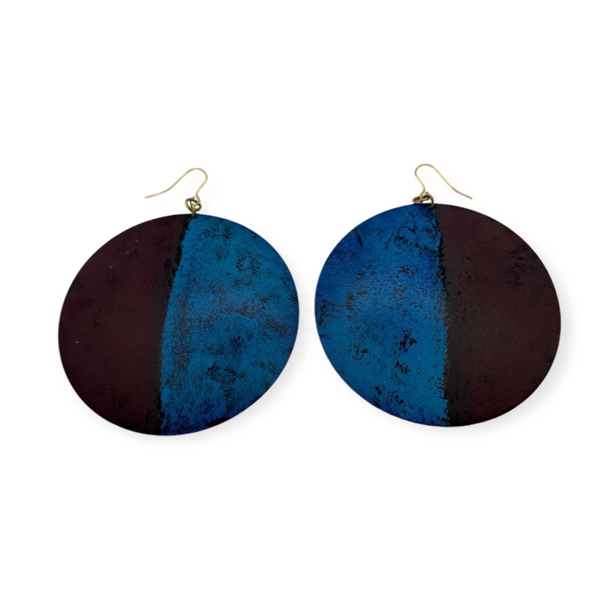 Handcrafted Bold Blue and Burgundy Round Brass Dangle Earrings - Fatisha Boutique