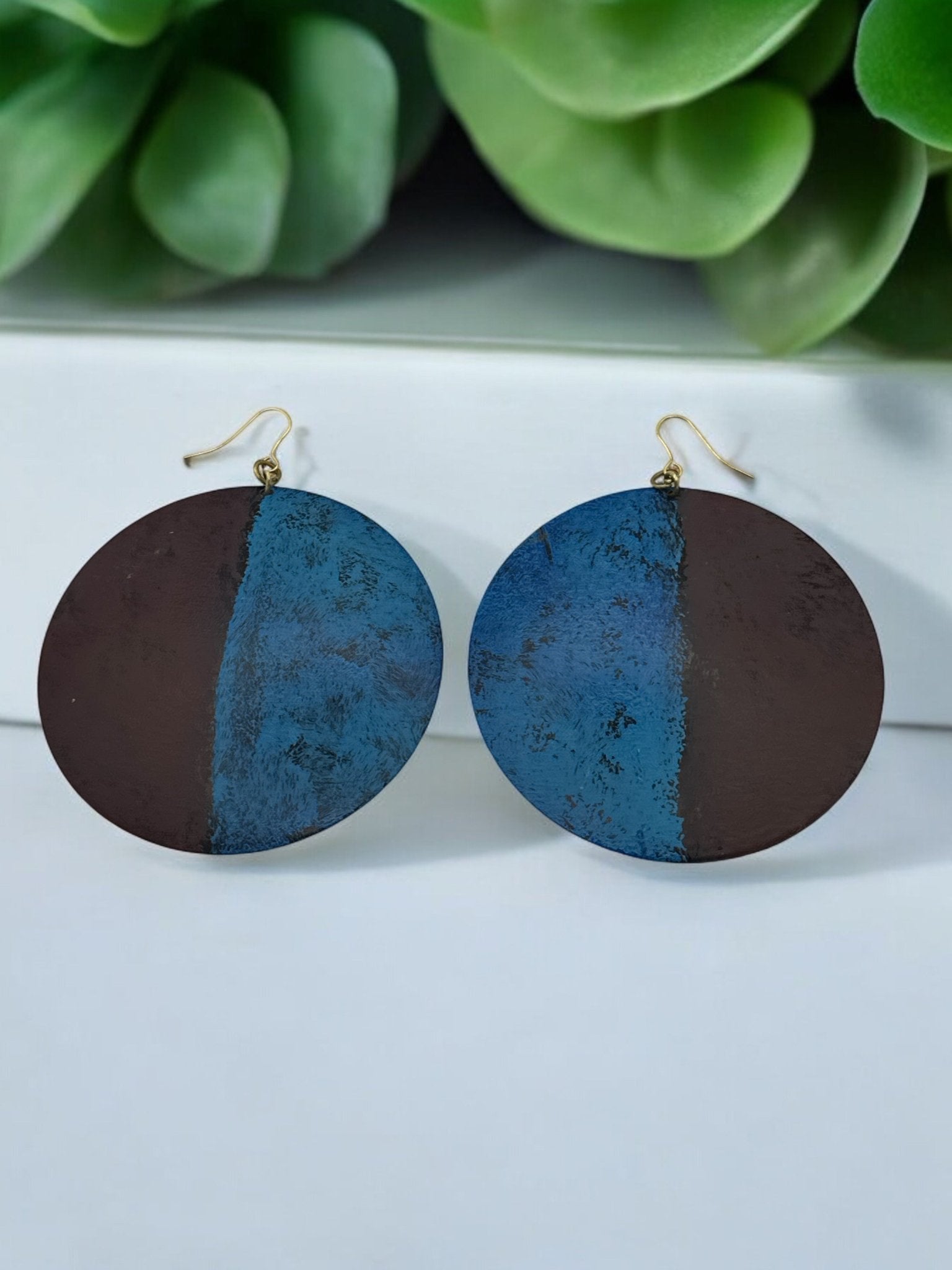 Handcrafted Bold Blue and Burgundy Round Brass Dangle Earrings - Fatisha Boutique