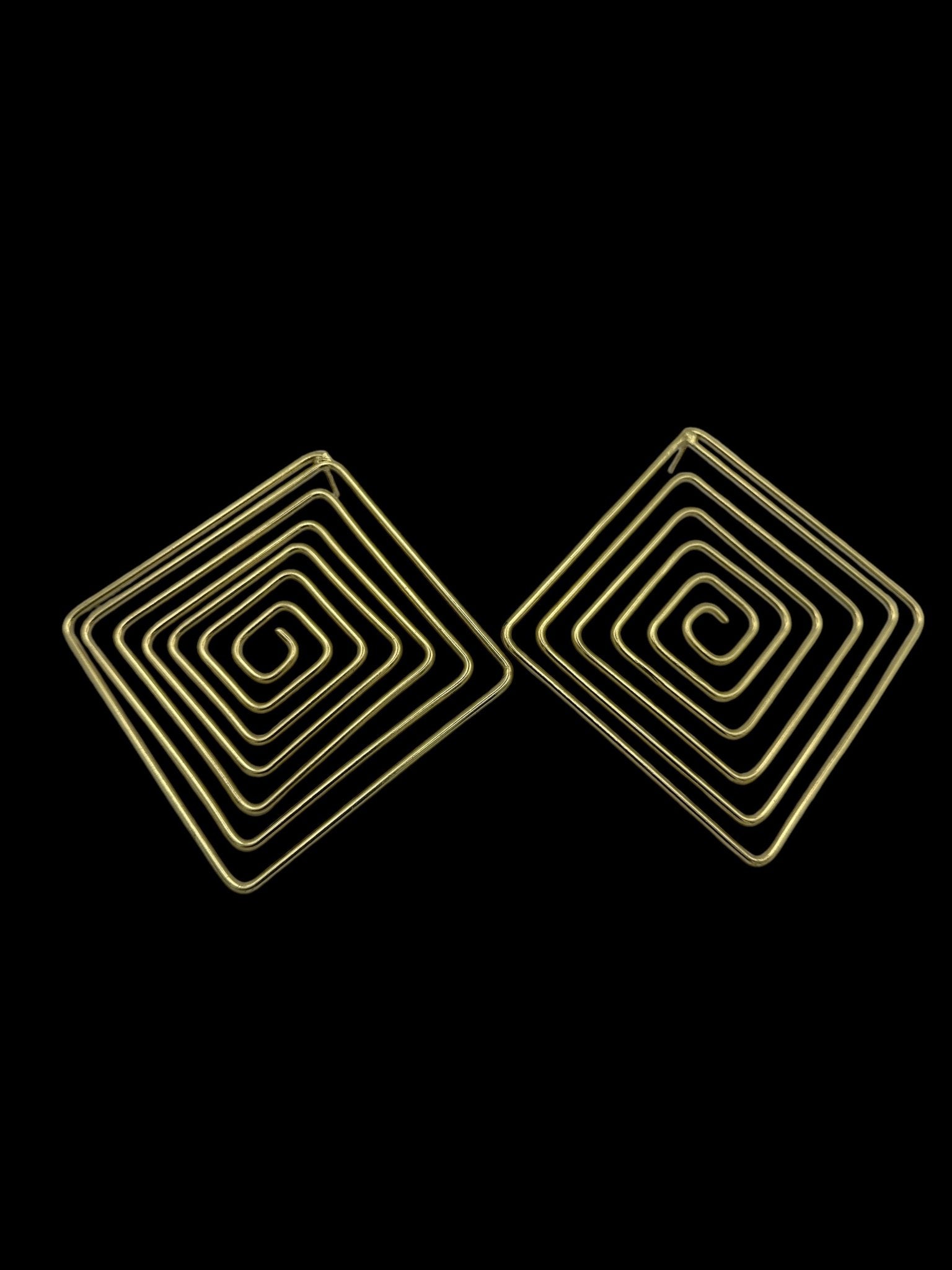 Handcrafted Geometric Spiral Square Design Brass Statement Earrings - Fatisha Boutique