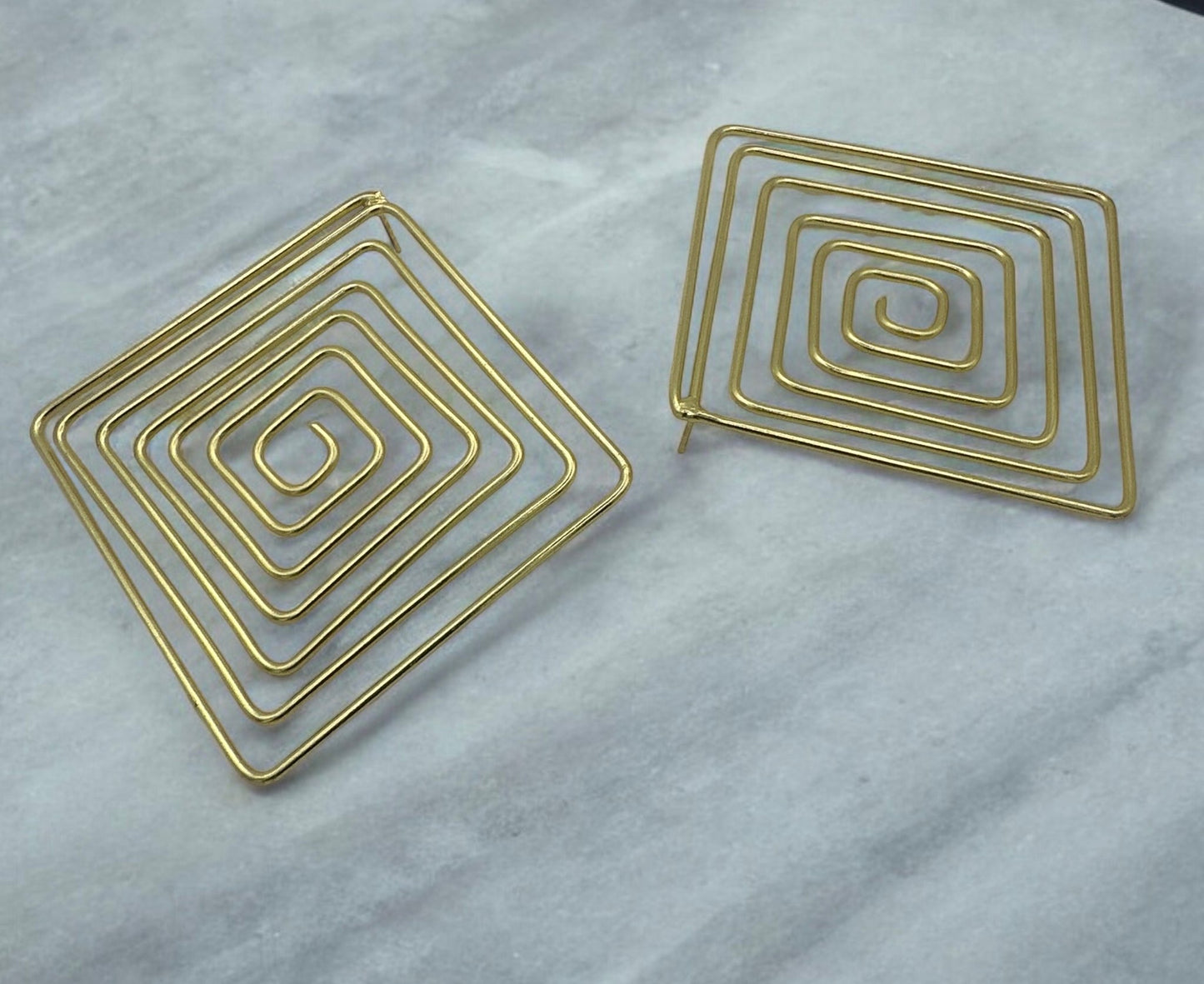 Handcrafted Geometric Spiral Square Design Brass Statement Earrings - Fatisha Boutique