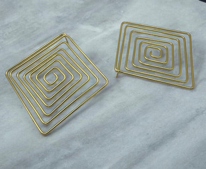Handcrafted Geometric Spiral Square Design Brass Statement Earrings - Fatisha Boutique